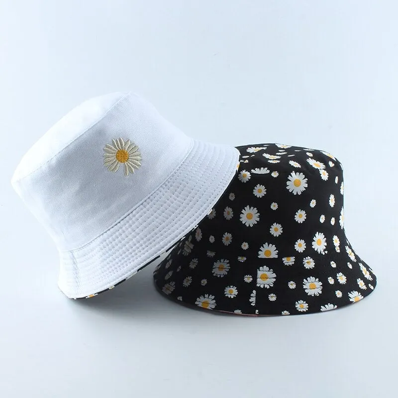 Reversible Summer Daisy Flower Embroidery Outdoor Travel Bucket Hats