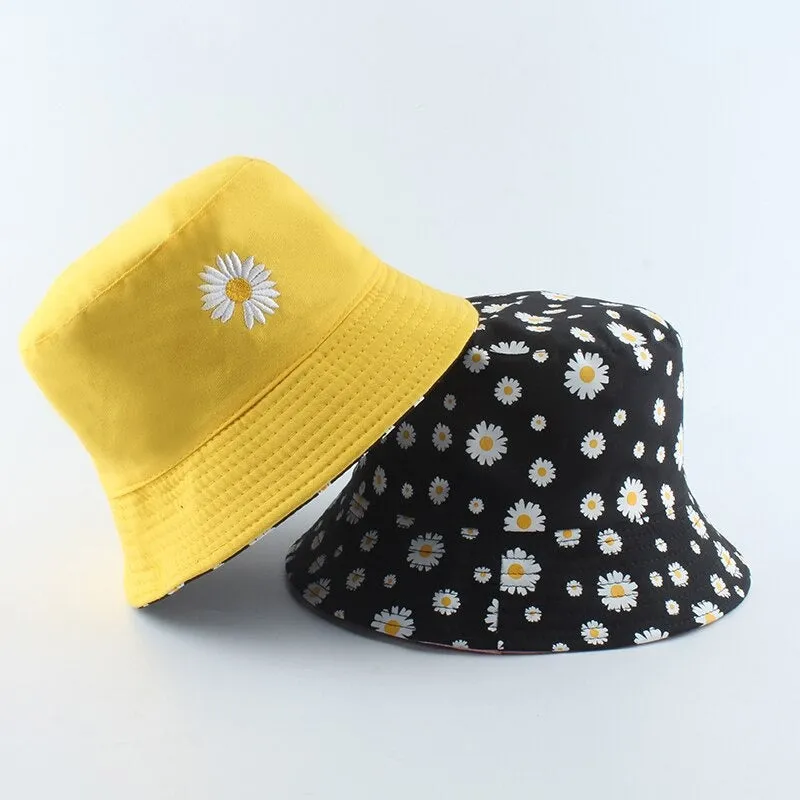 Reversible Summer Daisy Flower Embroidery Outdoor Travel Bucket Hats