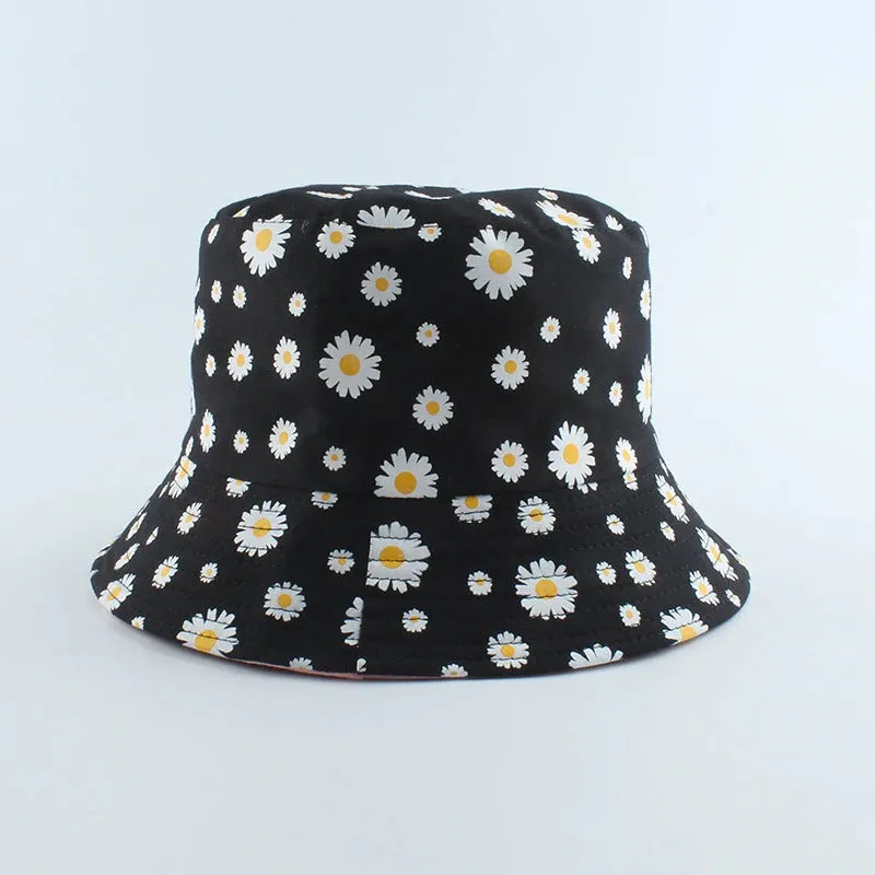 Reversible Summer Daisy Flower Embroidery Outdoor Travel Bucket Hats
