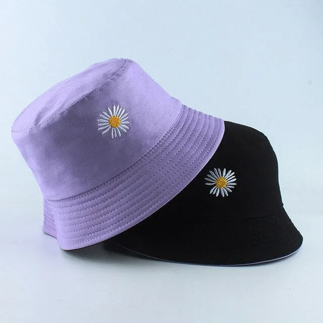 Reversible Summer Daisy Flower Embroidery Outdoor Travel Bucket Hats
