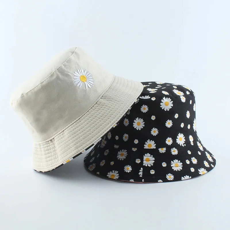 Reversible Summer Daisy Flower Embroidery Outdoor Travel Bucket Hats