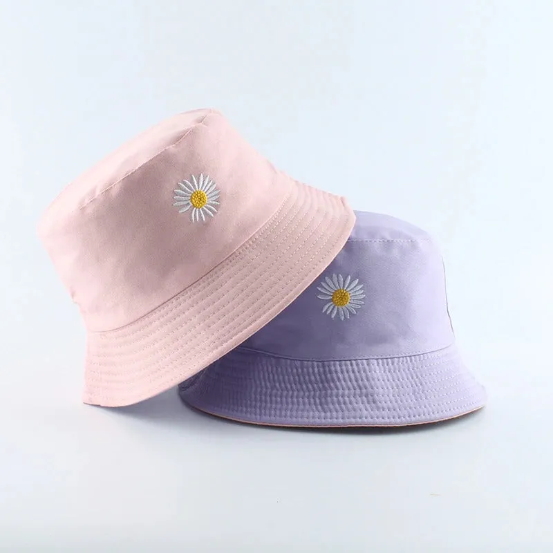 Reversible Summer Daisy Flower Embroidery Outdoor Travel Bucket Hats