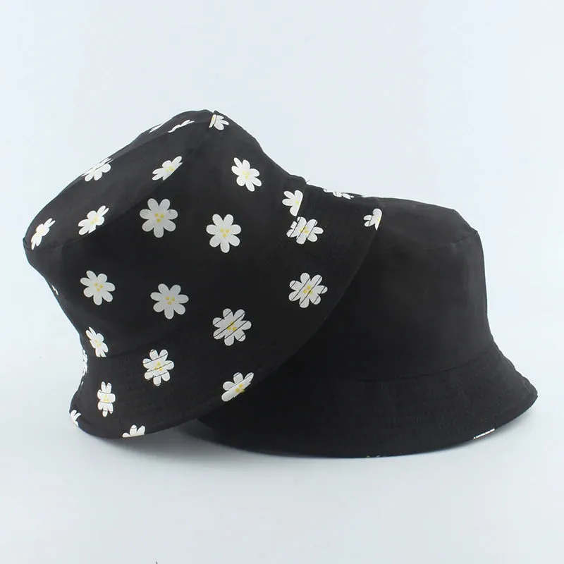 Reversible Summer Daisy Flower Embroidery Outdoor Travel Bucket Hats
