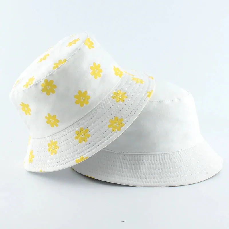 Reversible Summer Daisy Flower Embroidery Outdoor Travel Bucket Hats