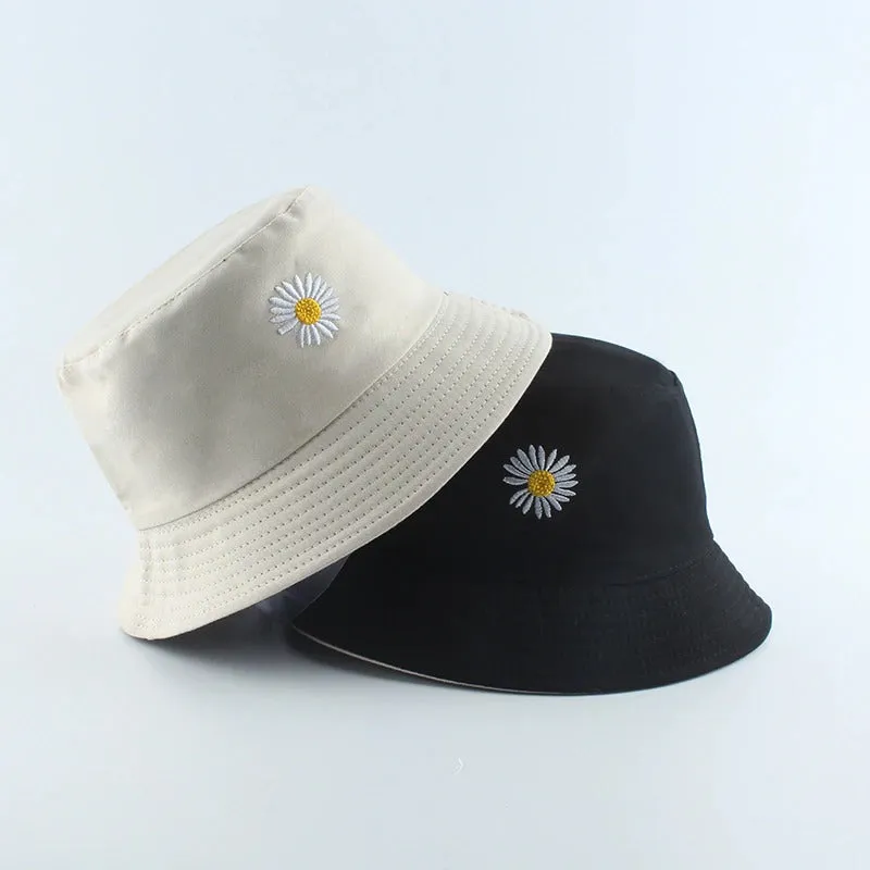 Reversible Summer Daisy Flower Embroidery Outdoor Travel Bucket Hats