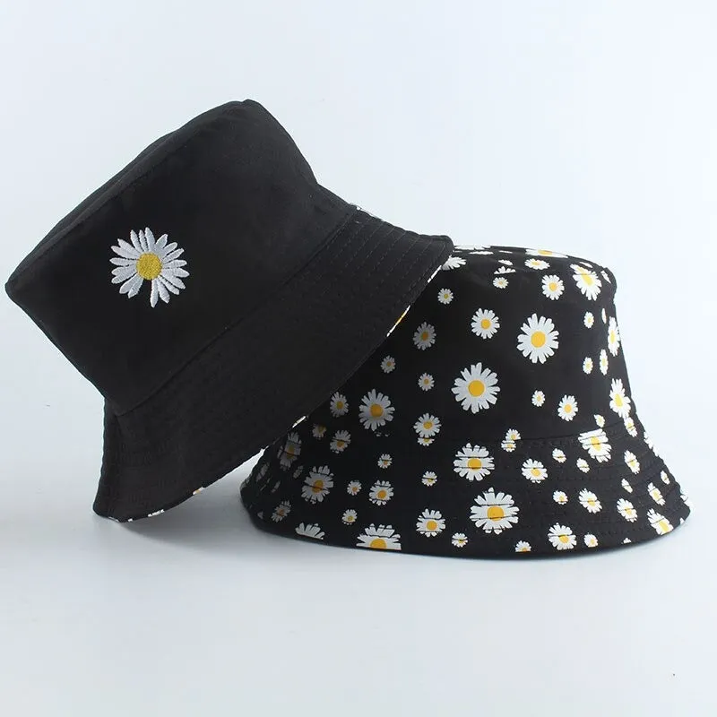 Reversible Summer Daisy Flower Embroidery Outdoor Travel Bucket Hats