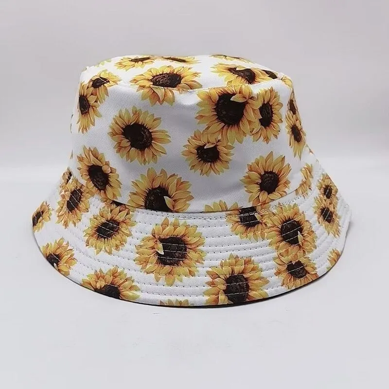 Reversible Summer Daisy Flower Embroidery Outdoor Travel Bucket Hats