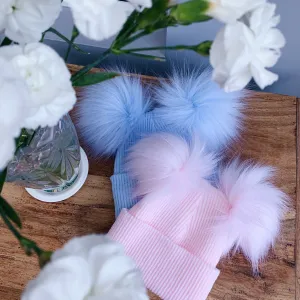 Ribbed Double Faux Fur Pom Pom Hat