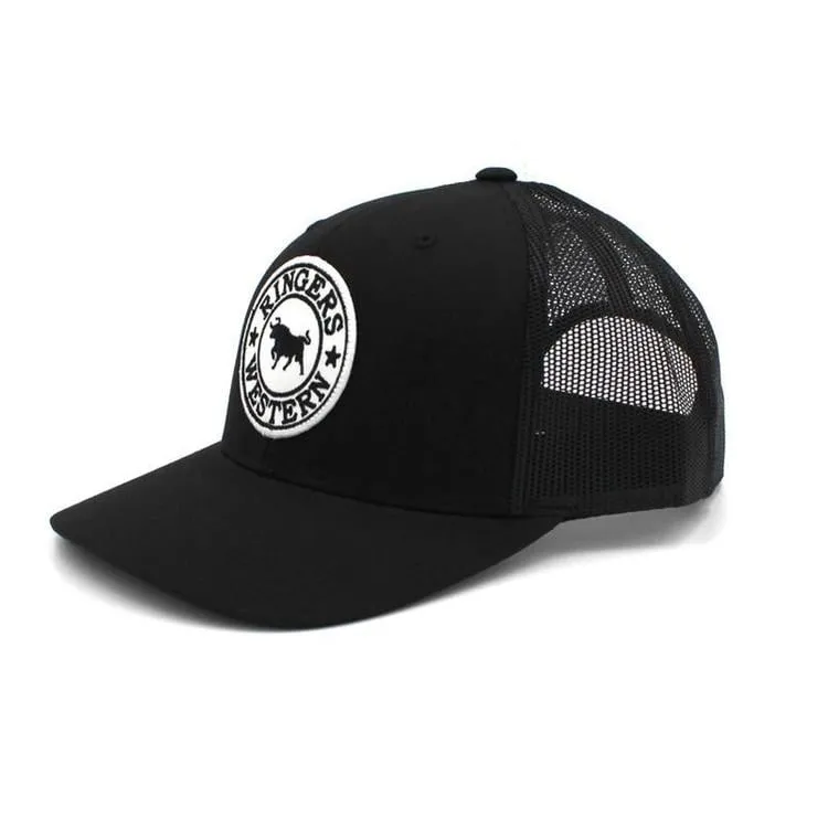 Ringers Western Signature Bull Trucker Black with Black & White Patch - Black, Black & White Patch