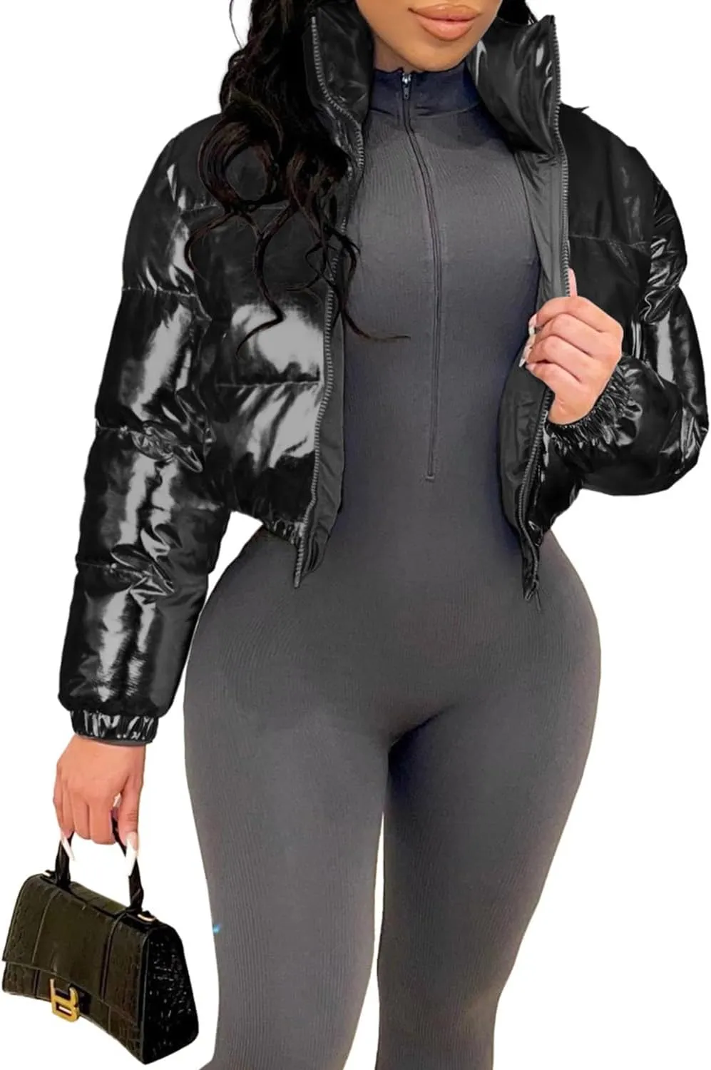 RINTONIX Women Long Sleeve Stand Collar Zip Up Metallic Quilted Crop Down Puffer Jacket Shiny Short Padded Bubble Coat