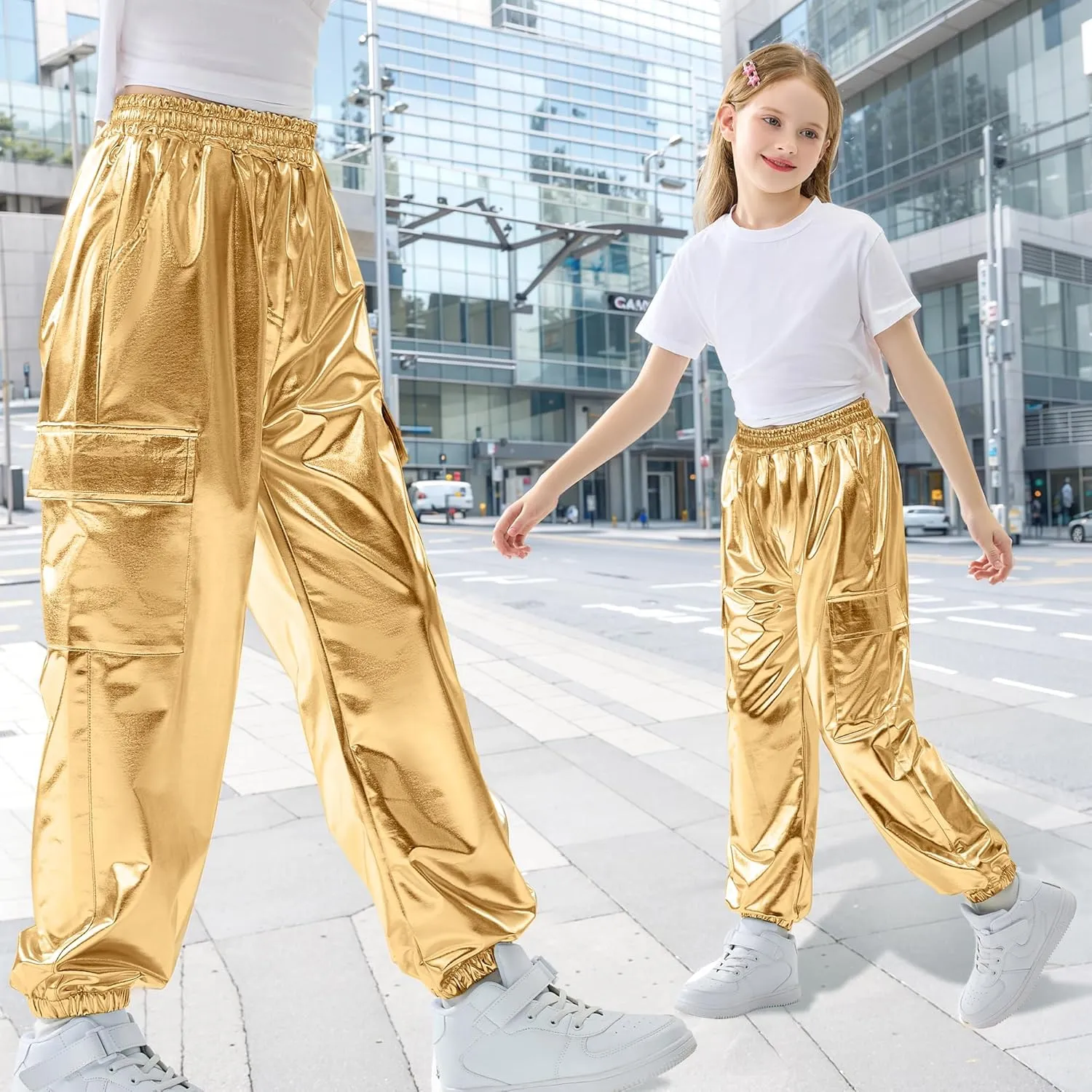 Rolanko Girls Cargo Pants for Kids Loose Streetwear Hip Hop Dance Cotton Cargo Jogger Pants for Kids 4-15 Years