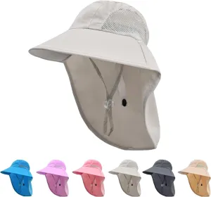 Rosoz Kids Sun Hat with Neck Flap UV Protection Summer Toddler Beach Hat Unisex Ponytail Hat Wide Brim Fishing Hat