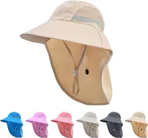 Rosoz Kids Sun Hat with Neck Flap UV Protection Summer Toddler Beach Hat Unisex Ponytail Hat Wide Brim Fishing Hat