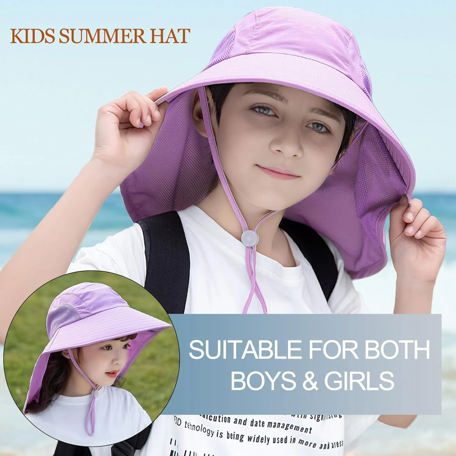Rosoz Kids Sun Hat with Neck Flap UV Protection Summer Toddler Beach Hat Unisex Ponytail Hat Wide Brim Fishing Hat