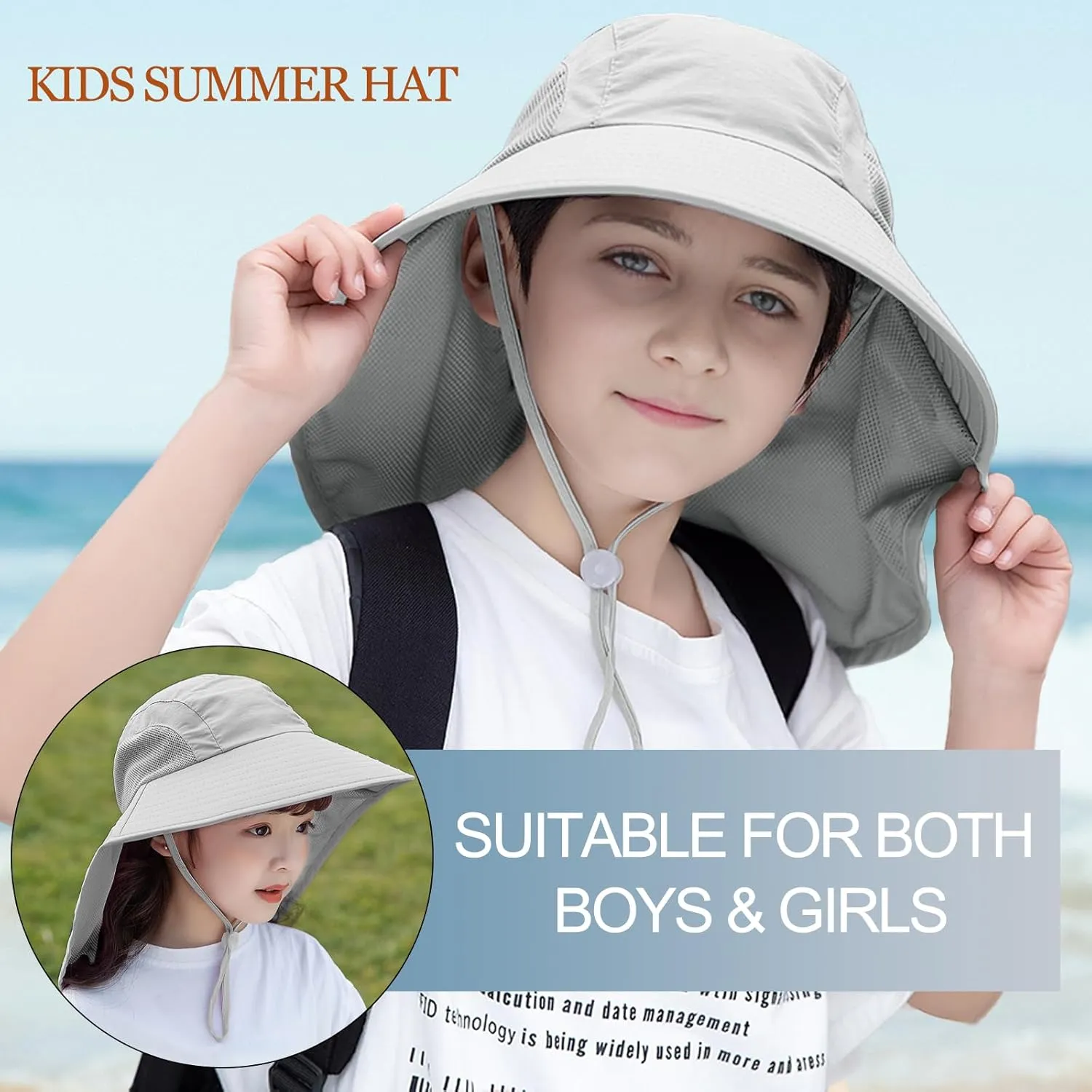 Rosoz Kids Sun Hat with Neck Flap UV Protection Summer Toddler Beach Hat Unisex Ponytail Hat Wide Brim Fishing Hat