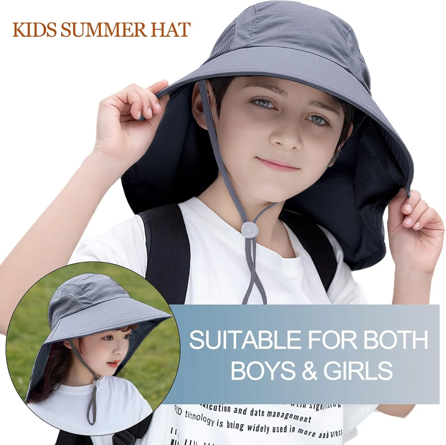 Rosoz Kids Sun Hat with Neck Flap UV Protection Summer Toddler Beach Hat Unisex Ponytail Hat Wide Brim Fishing Hat