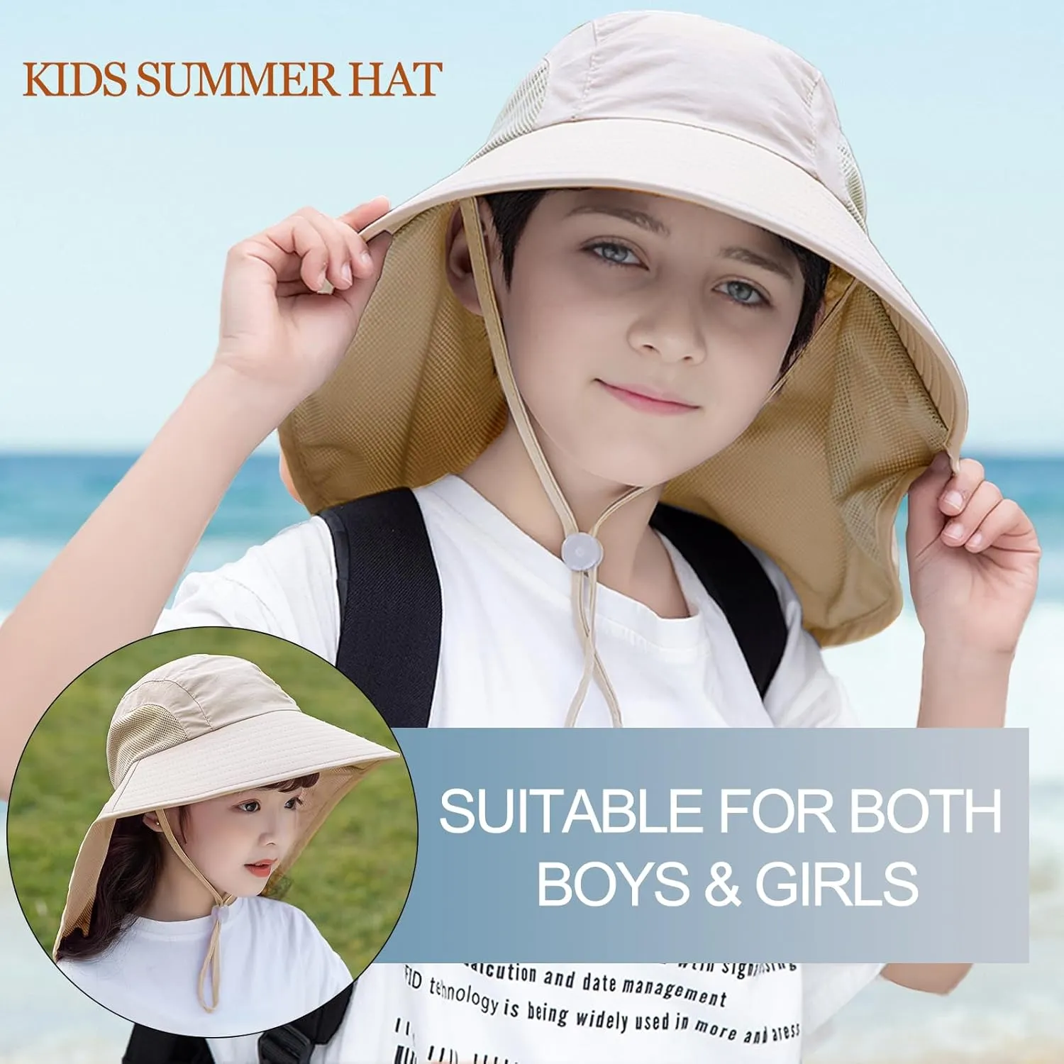 Rosoz Kids Sun Hat with Neck Flap UV Protection Summer Toddler Beach Hat Unisex Ponytail Hat Wide Brim Fishing Hat