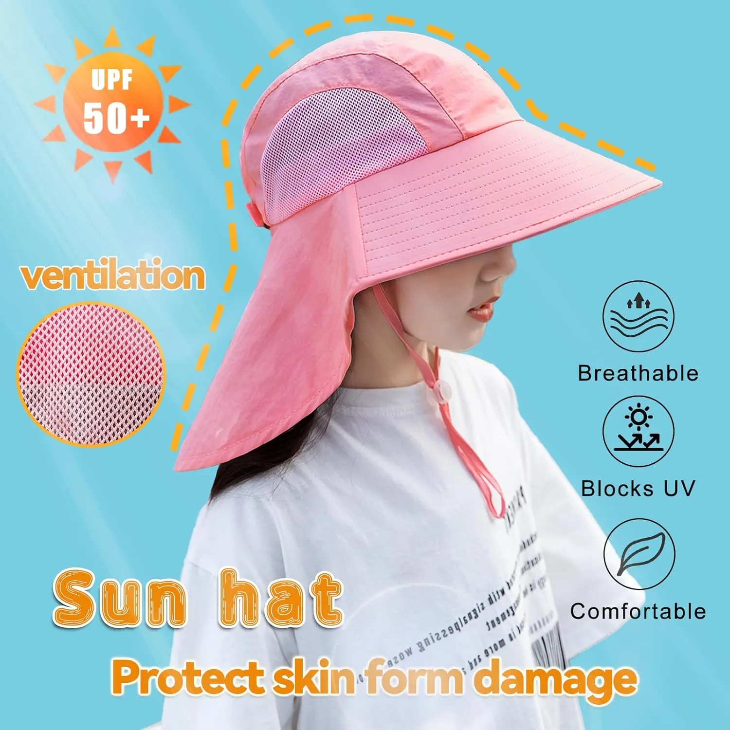 Rosoz Kids Sun Hat with Neck Flap UV Protection Summer Toddler Beach Hat Unisex Ponytail Hat Wide Brim Fishing Hat