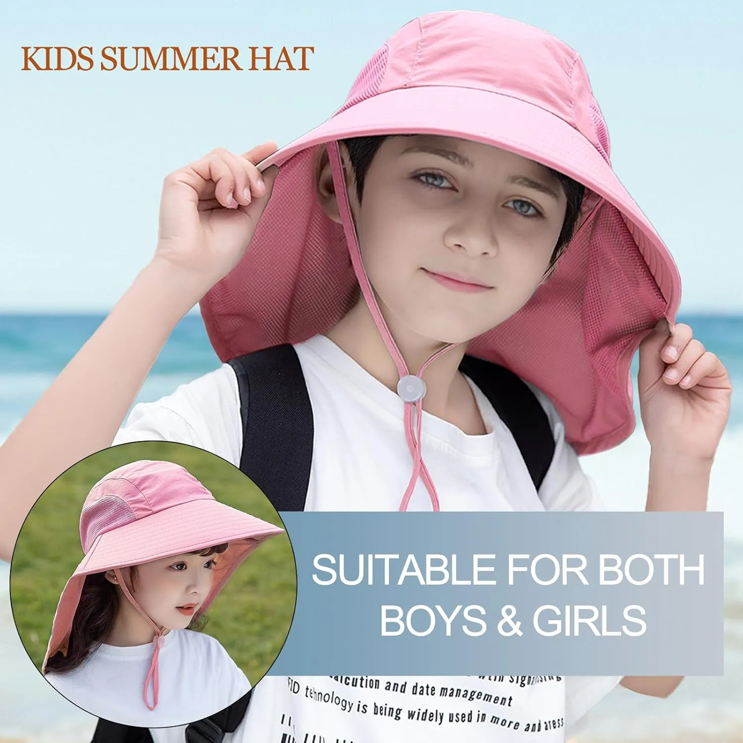 Rosoz Kids Sun Hat with Neck Flap UV Protection Summer Toddler Beach Hat Unisex Ponytail Hat Wide Brim Fishing Hat