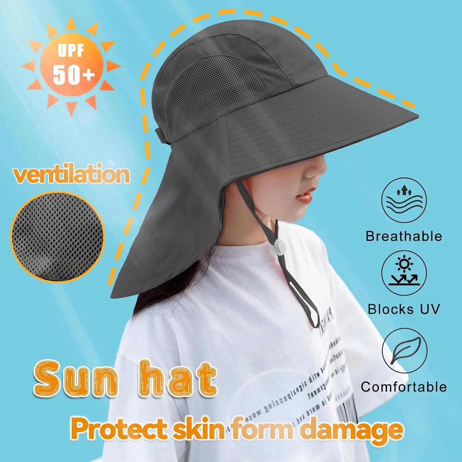 Rosoz Kids Sun Hat with Neck Flap UV Protection Summer Toddler Beach Hat Unisex Ponytail Hat Wide Brim Fishing Hat