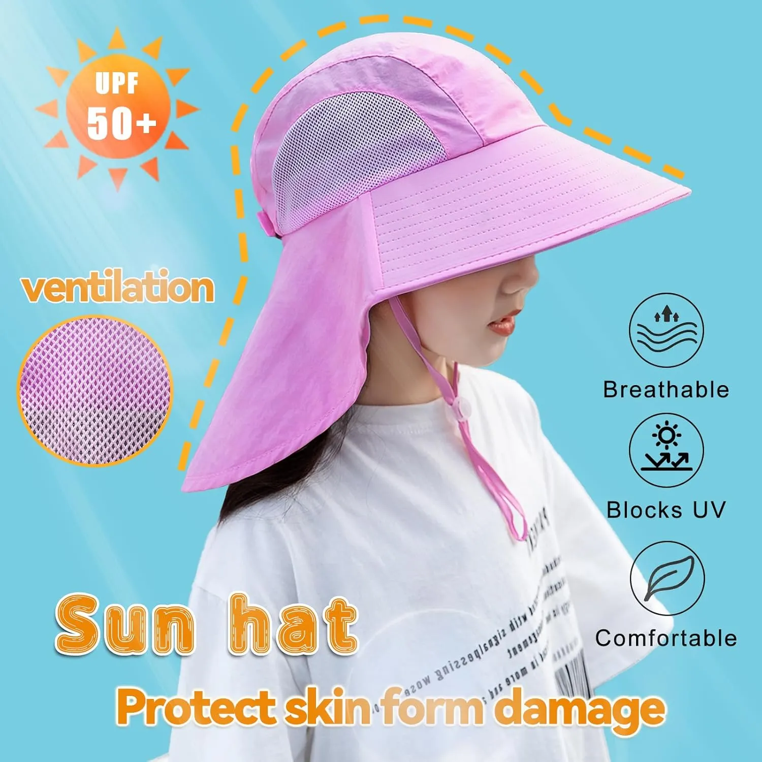 Rosoz Kids Sun Hat with Neck Flap UV Protection Summer Toddler Beach Hat Unisex Ponytail Hat Wide Brim Fishing Hat