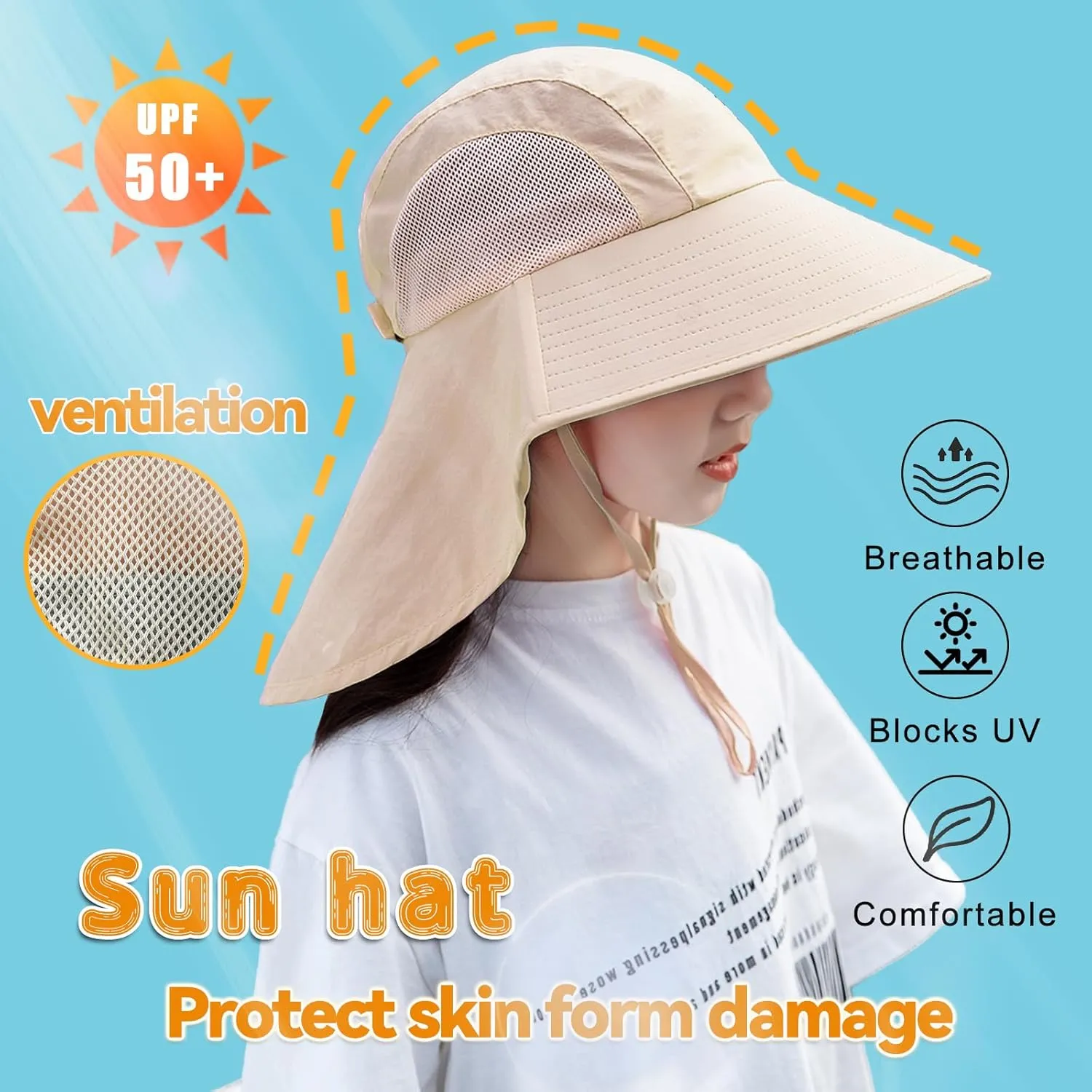 Rosoz Kids Sun Hat with Neck Flap UV Protection Summer Toddler Beach Hat Unisex Ponytail Hat Wide Brim Fishing Hat