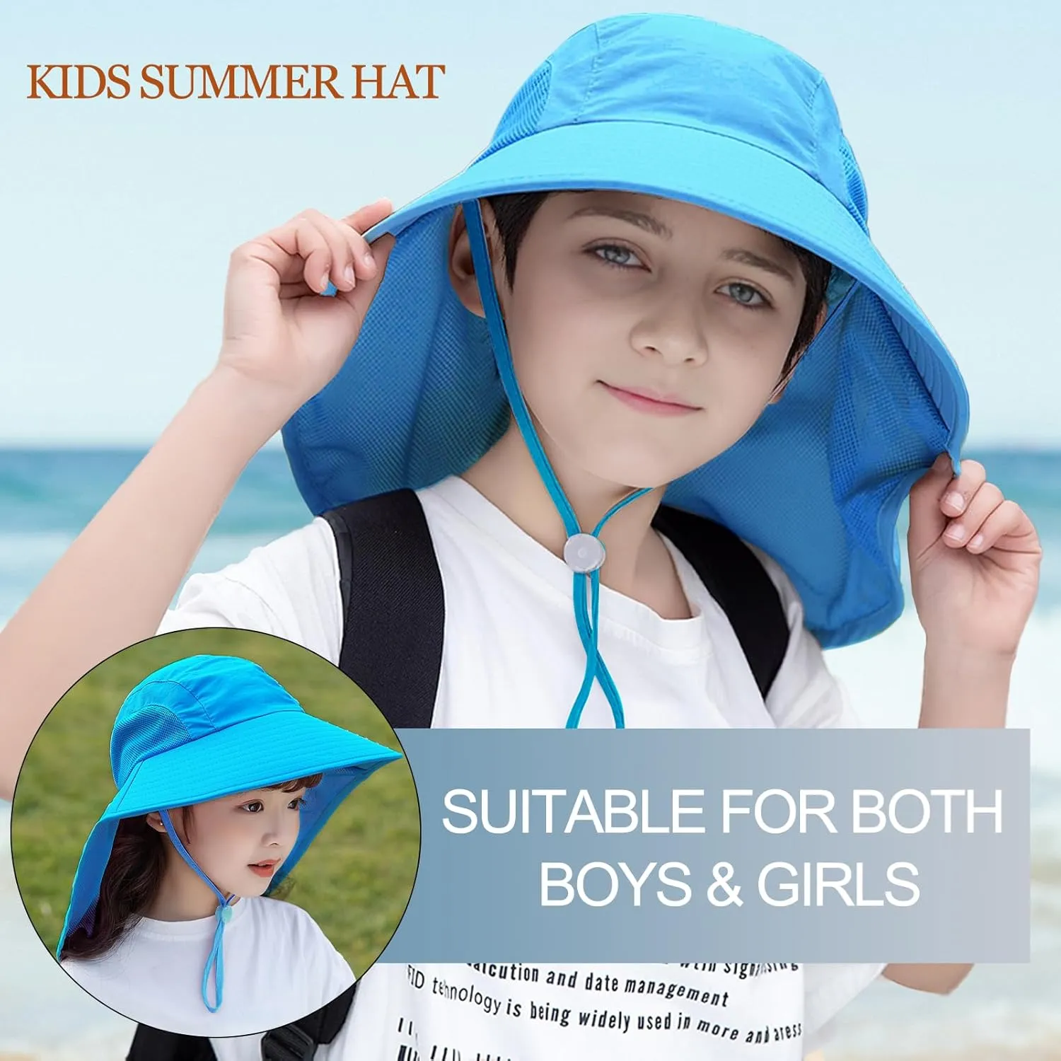 Rosoz Kids Sun Hat with Neck Flap UV Protection Summer Toddler Beach Hat Unisex Ponytail Hat Wide Brim Fishing Hat