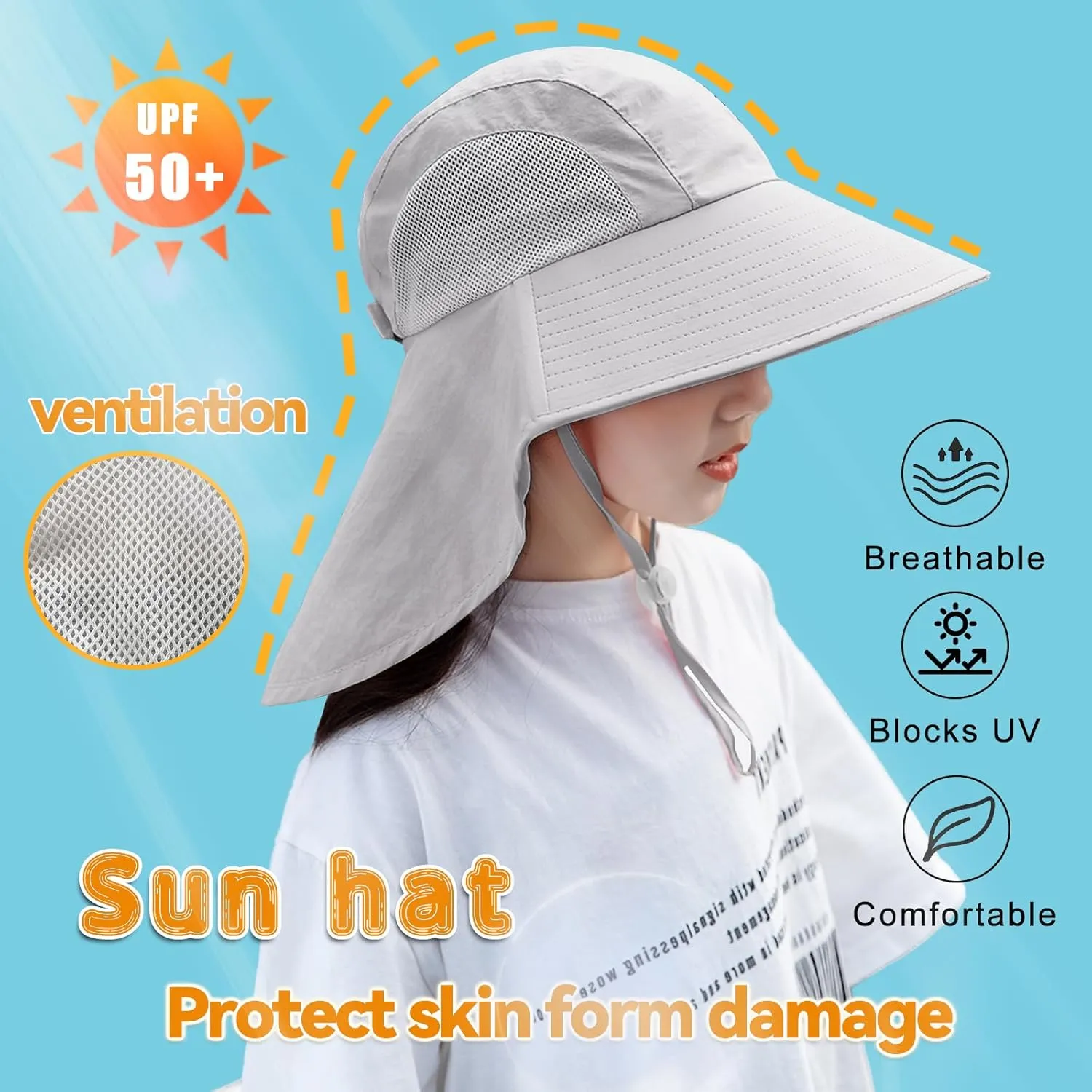 Rosoz Kids Sun Hat with Neck Flap UV Protection Summer Toddler Beach Hat Unisex Ponytail Hat Wide Brim Fishing Hat
