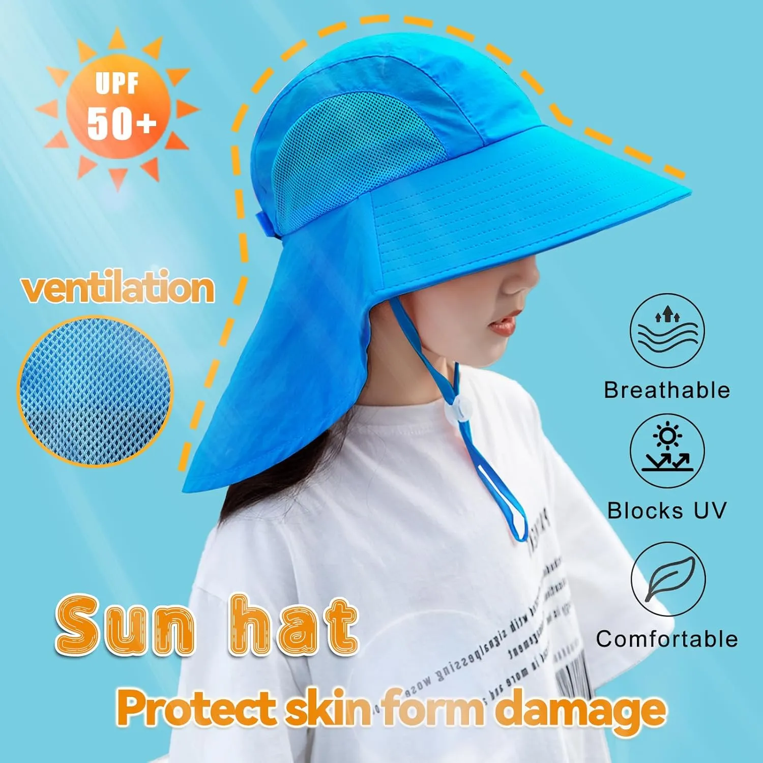 Rosoz Kids Sun Hat with Neck Flap UV Protection Summer Toddler Beach Hat Unisex Ponytail Hat Wide Brim Fishing Hat