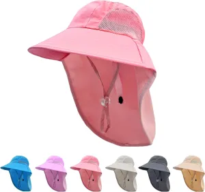 Rosoz Kids Sun Hat with Neck Flap UV Protection Summer Toddler Beach Hat Unisex Ponytail Hat Wide Brim Fishing Hat