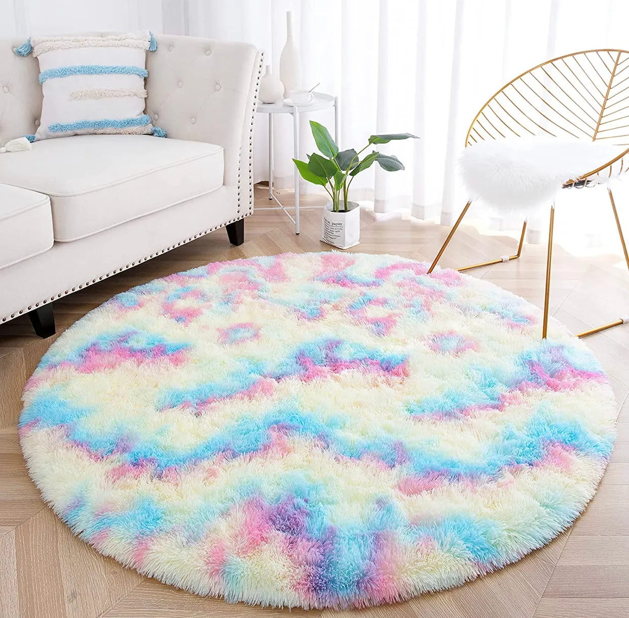 Round Rainbow Area Rugs, Fluffy Colorful Circle Rugs for Kids Bedroom