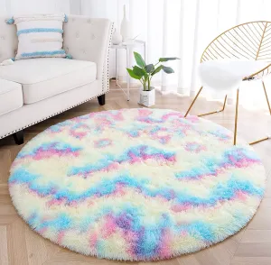 Round Rainbow Area Rugs, Fluffy Colorful Circle Rugs for Kids Bedroom