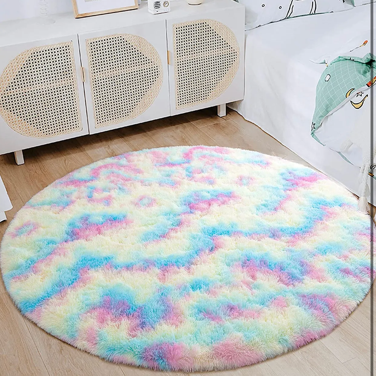 Round Rainbow Area Rugs, Fluffy Colorful Circle Rugs for Kids Bedroom