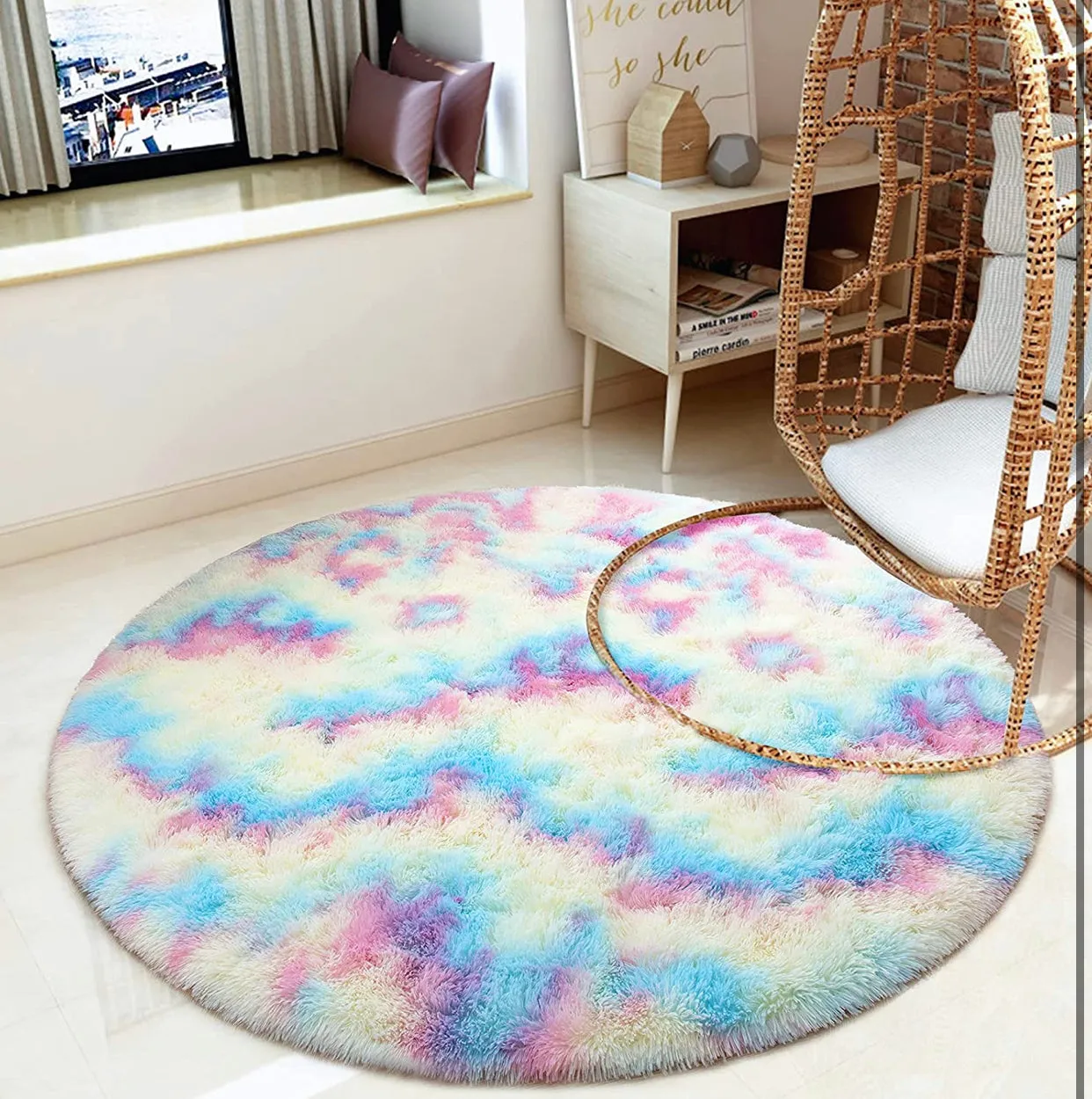 Round Rainbow Area Rugs, Fluffy Colorful Circle Rugs for Kids Bedroom
