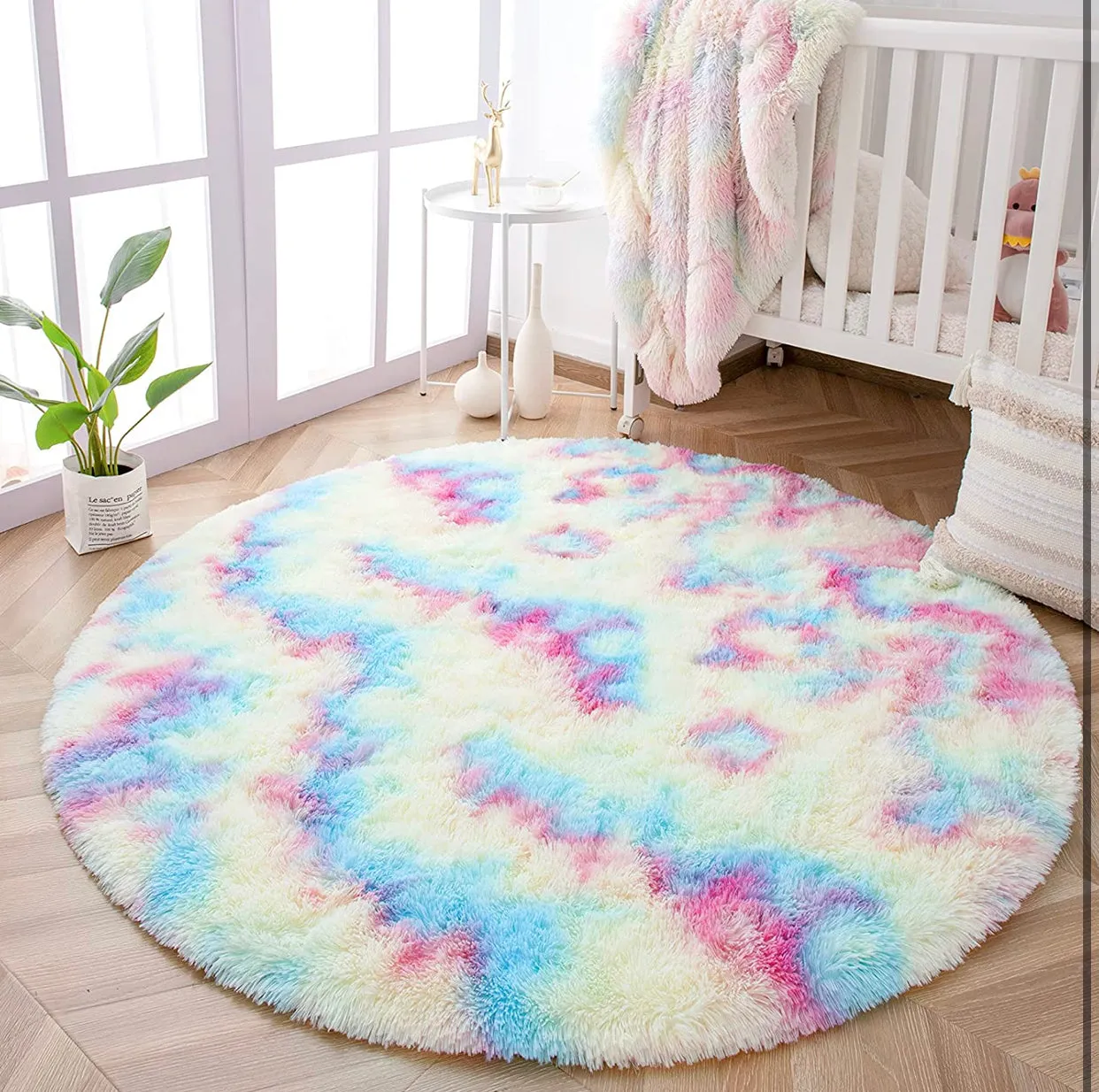 Round Rainbow Area Rugs, Fluffy Colorful Circle Rugs for Kids Bedroom