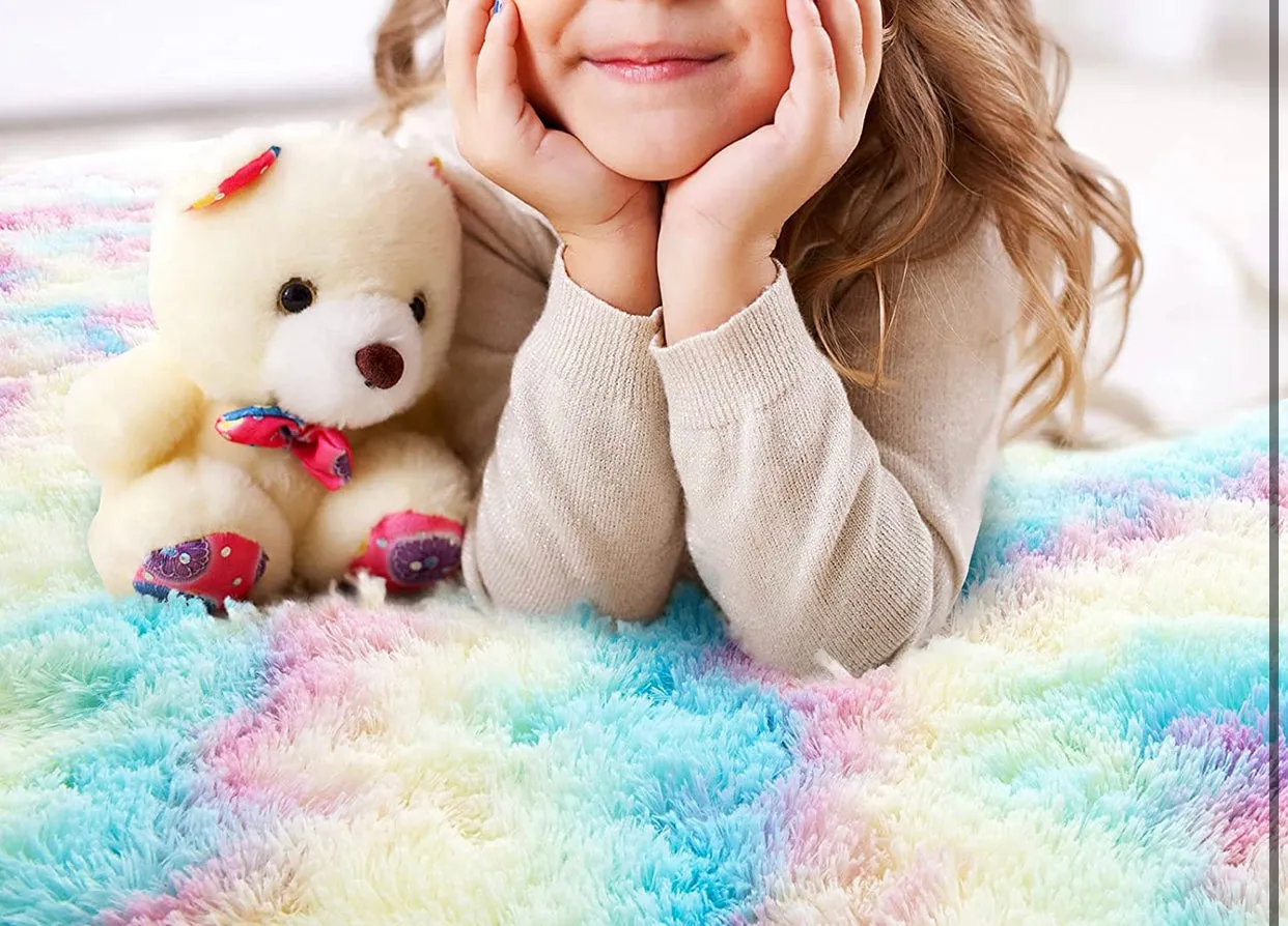 Round Rainbow Area Rugs, Fluffy Colorful Circle Rugs for Kids Bedroom
