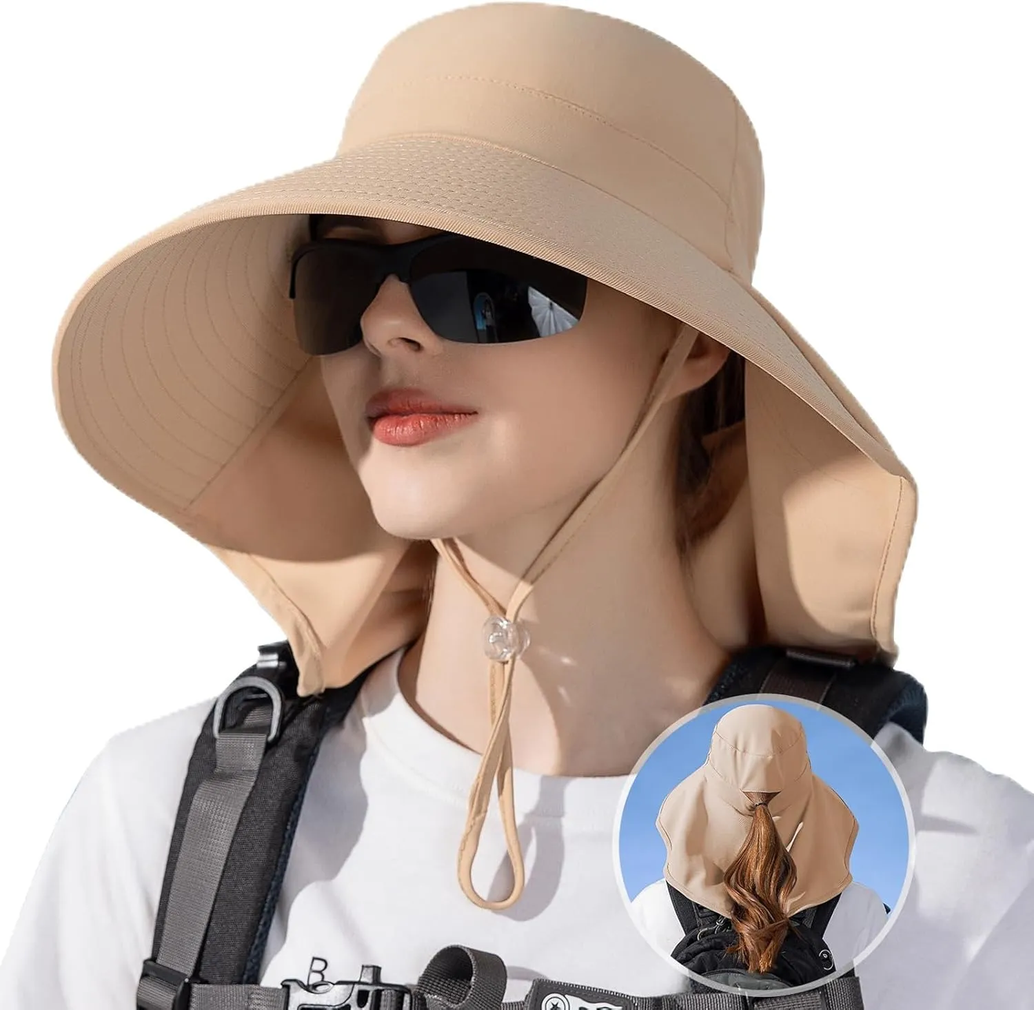 Ruqizhi Sun Hats for Women with Neck Flap Ponytail Hole Women Sun Hats Rollable UV Protection Fishing Hats Wide Brim UPF 50 