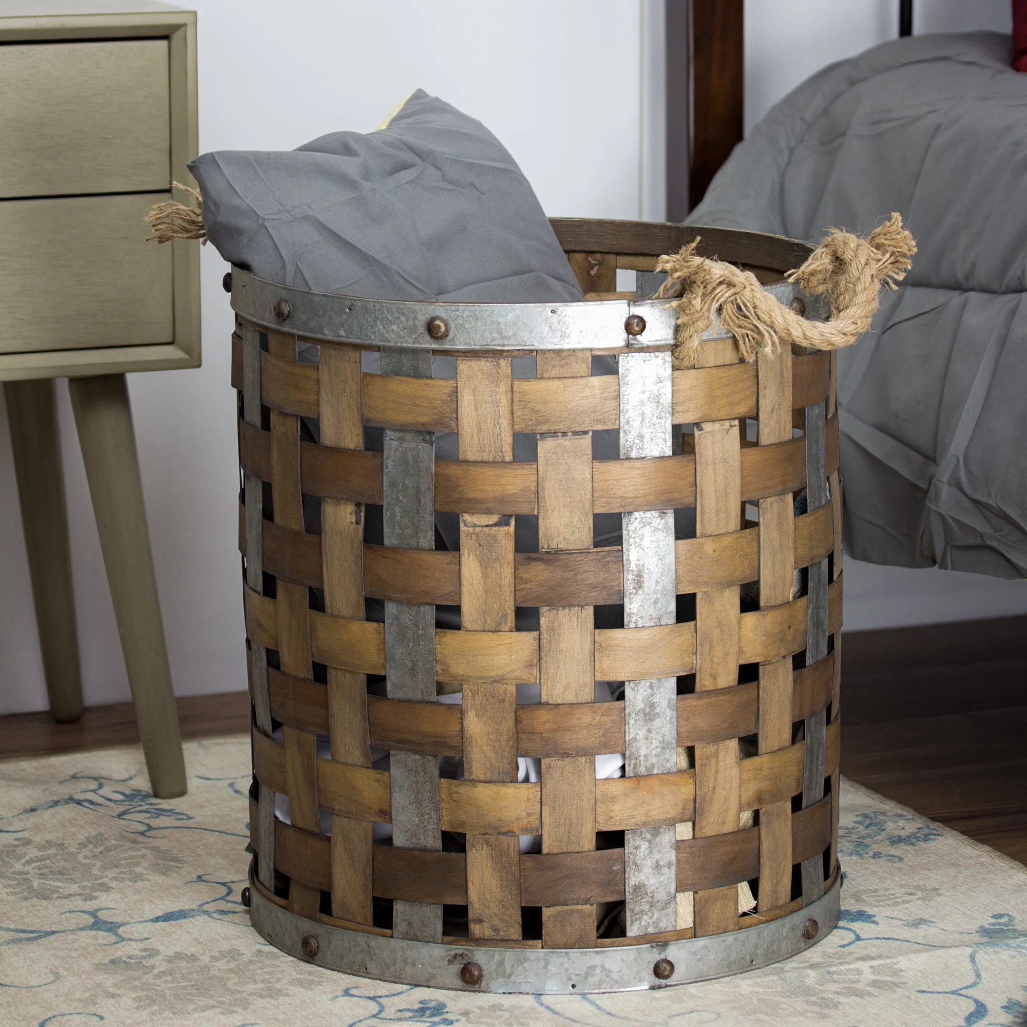 Rustic Farmhouse Bamboo and Metal Storage Basket (Small)