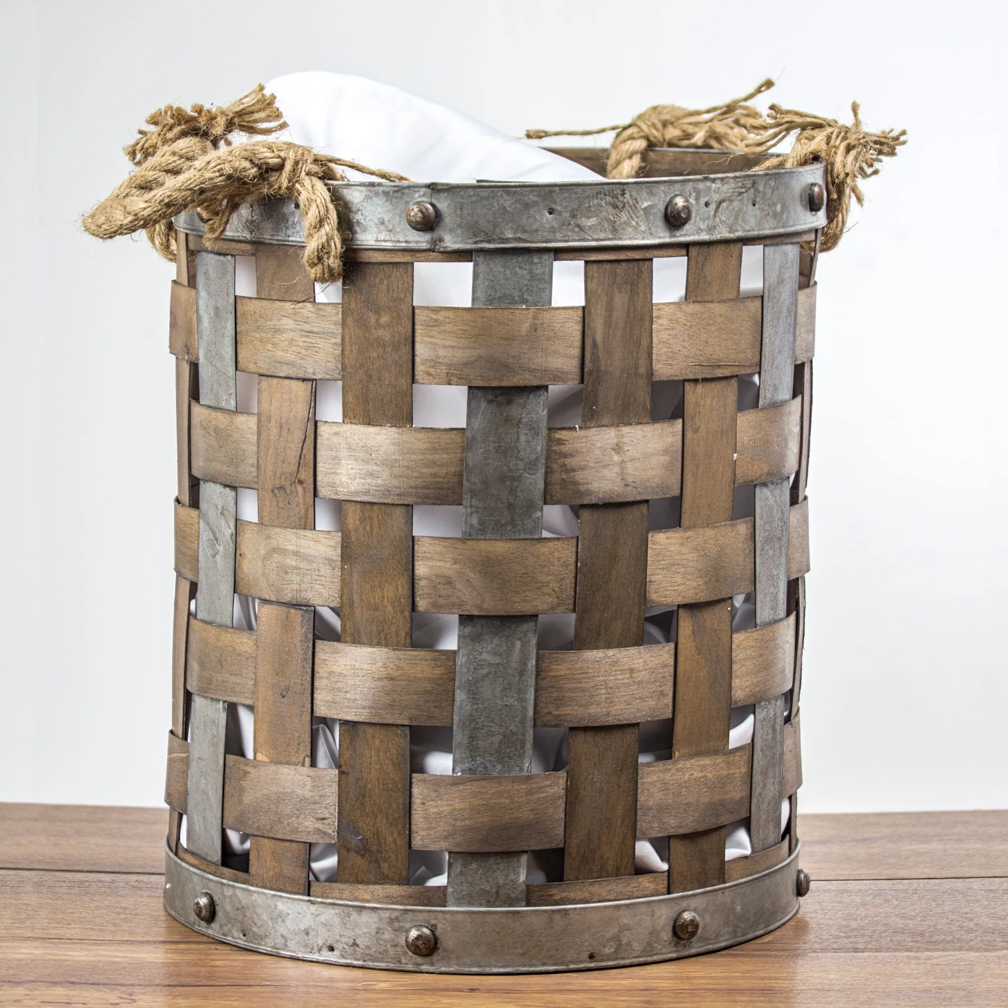 Rustic Farmhouse Bamboo and Metal Storage Basket (Small)