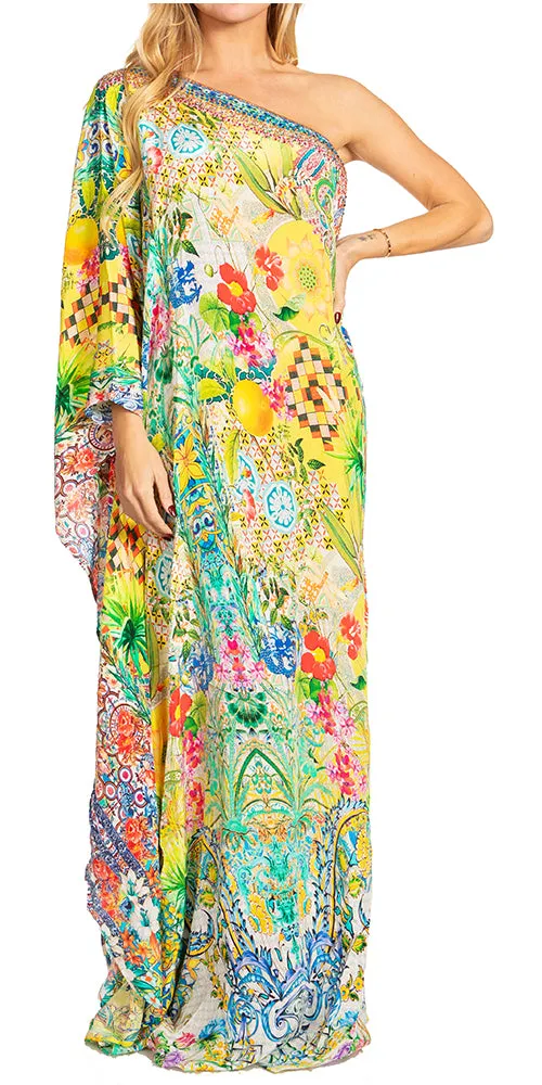 Sakkas Dora Women's One Shoulder Short Sleeve Casual Elegant Maxi Dress with Print