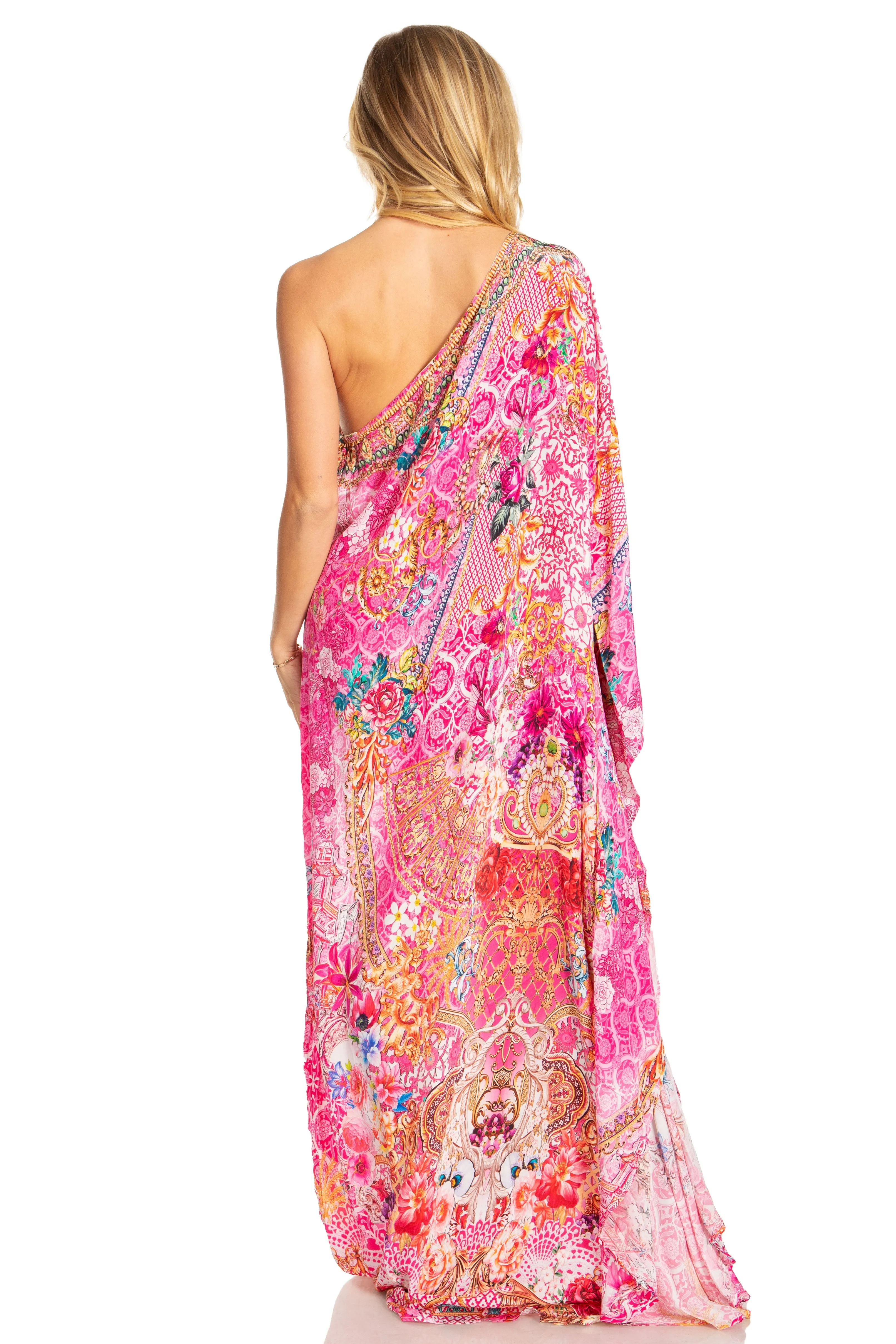 Sakkas Dora Women's One Shoulder Short Sleeve Casual Elegant Maxi Dress with Print