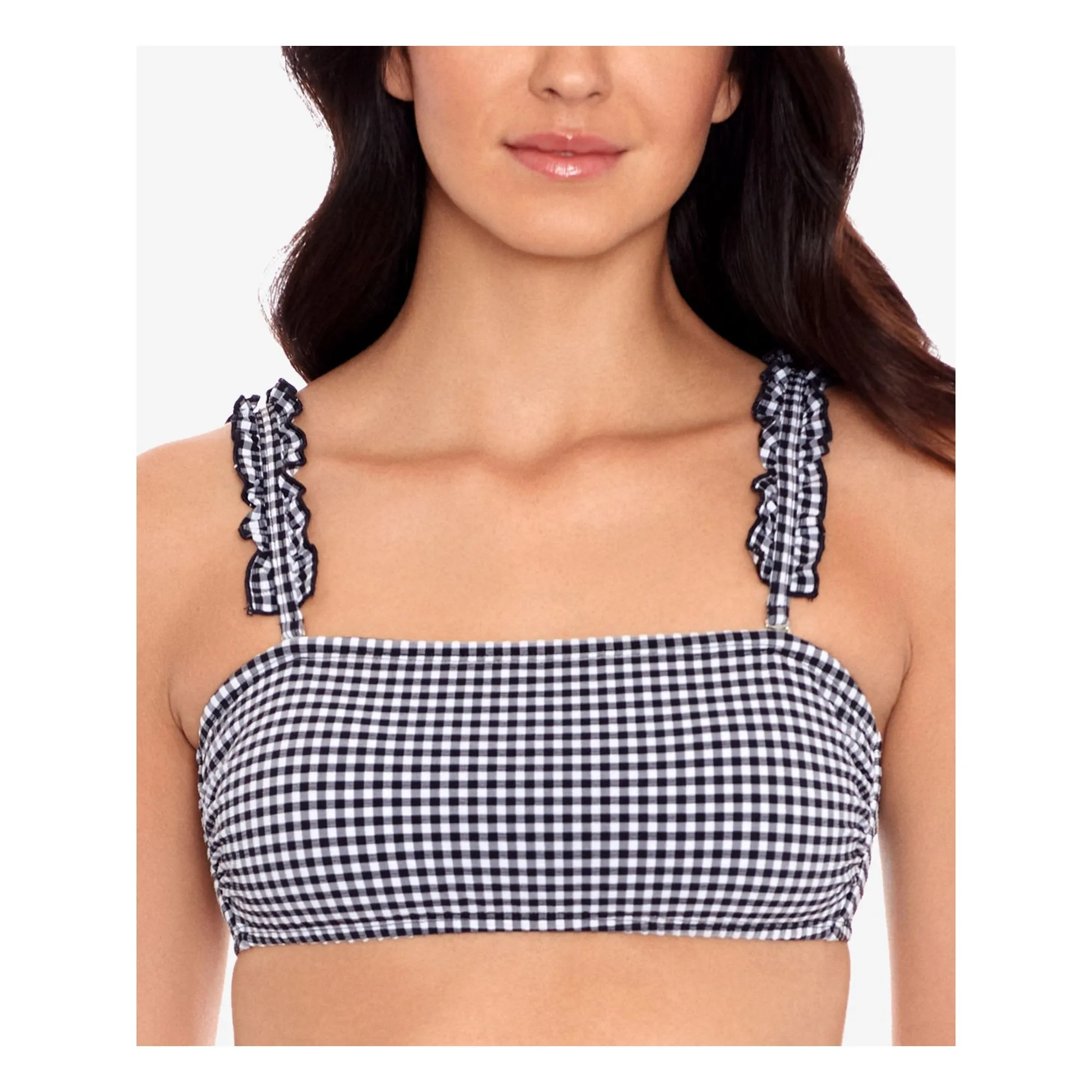 Salt   Cove Black Gingham Stretch Bandeau Ruffled Swimsuit Top, Size Small