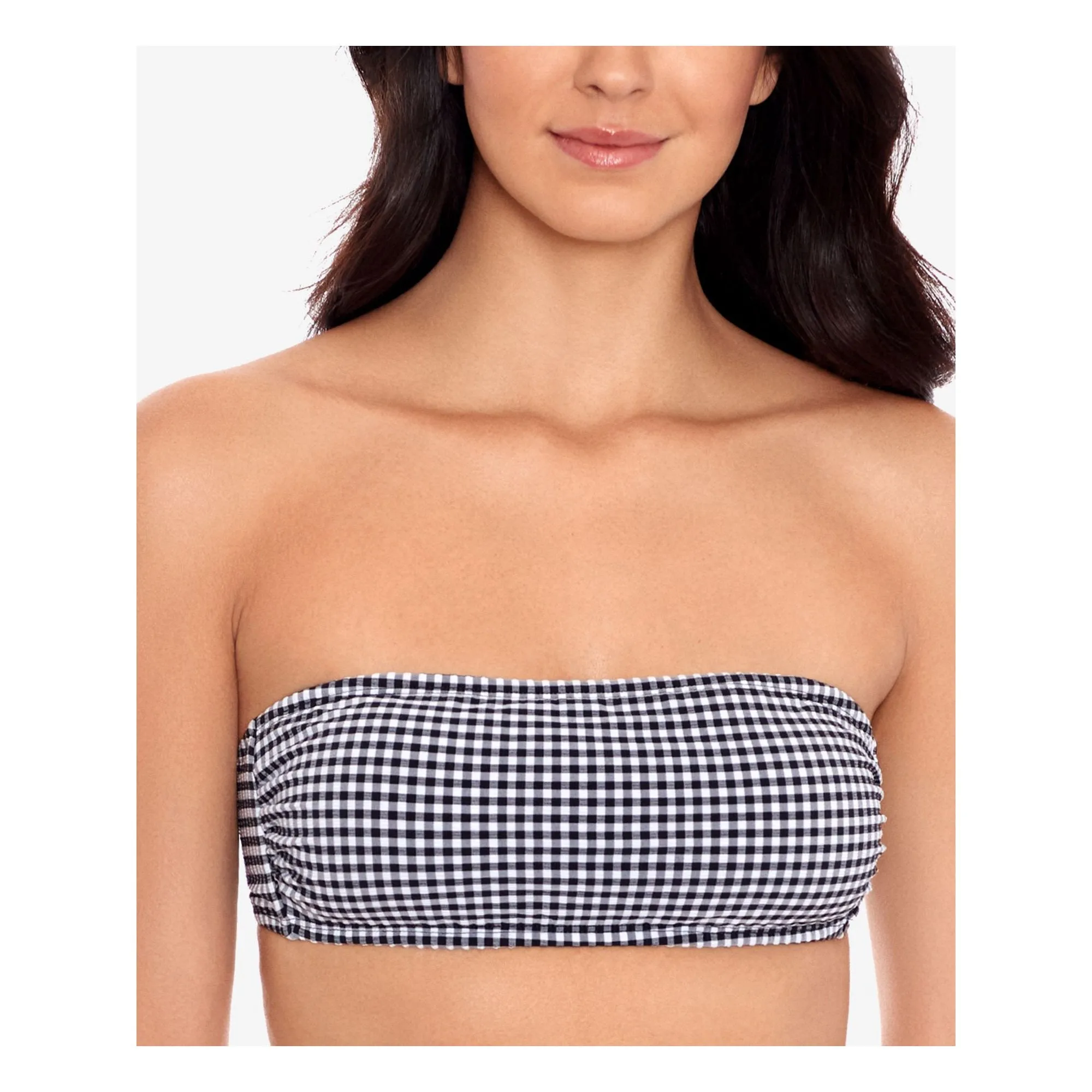 Salt   Cove Black Gingham Stretch Bandeau Ruffled Swimsuit Top, Size Small