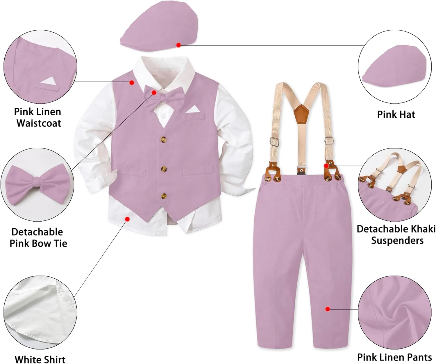 SANGTREE Boys Kids Little Boy Formal Suits Clothes Set, Shirt with Bow Tie Beret Hat Suspender Pants Sets, 3 Months - 9 Years