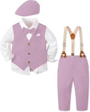 SANGTREE Boys Kids Little Boy Formal Suits Clothes Set, Shirt with Bow Tie Beret Hat Suspender Pants Sets, 3 Months - 9 Years