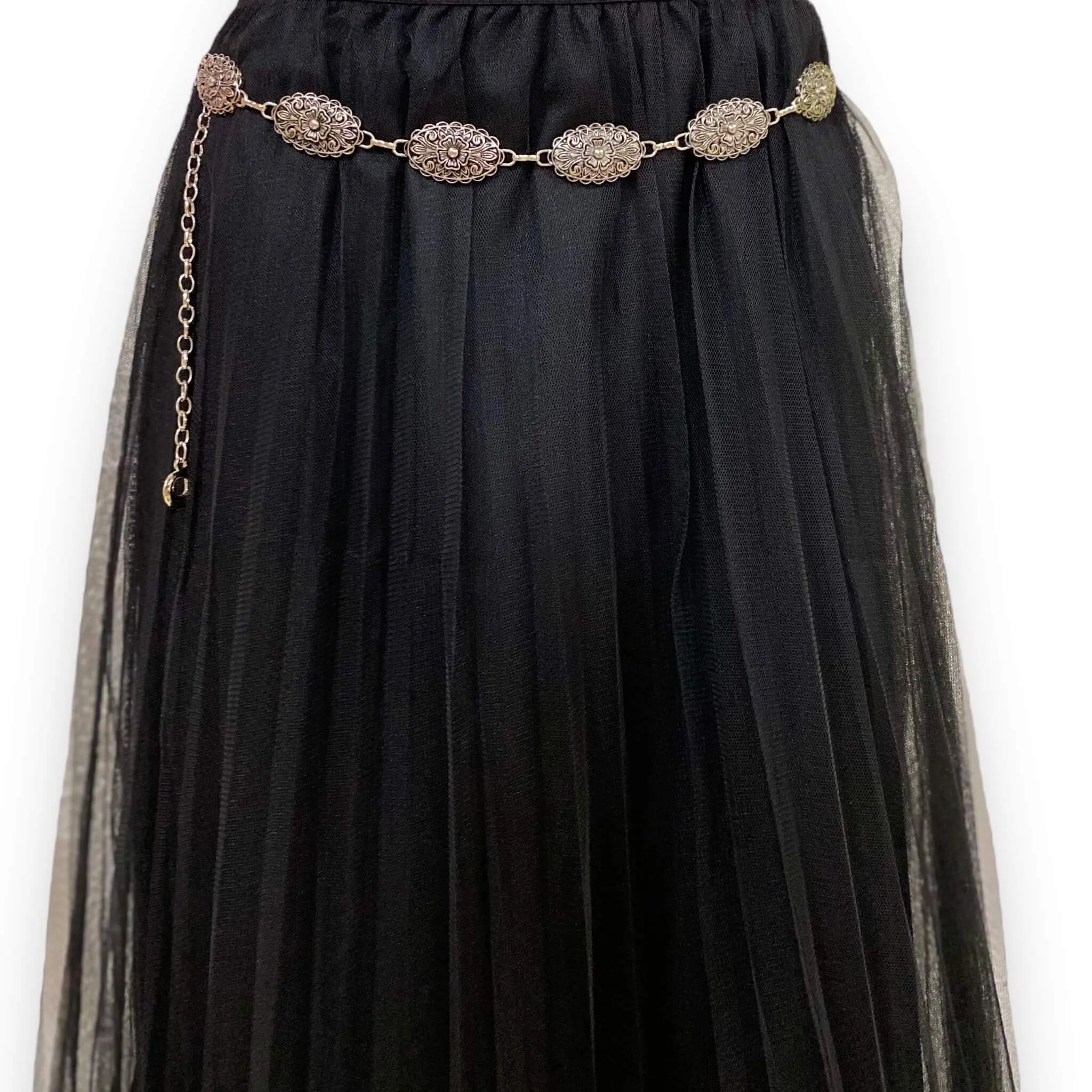Silver Antiqued Floral Oval Link Chain Belt