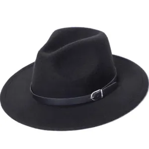Sleek Black Wide Brim Leather Buckle Fedora Hat