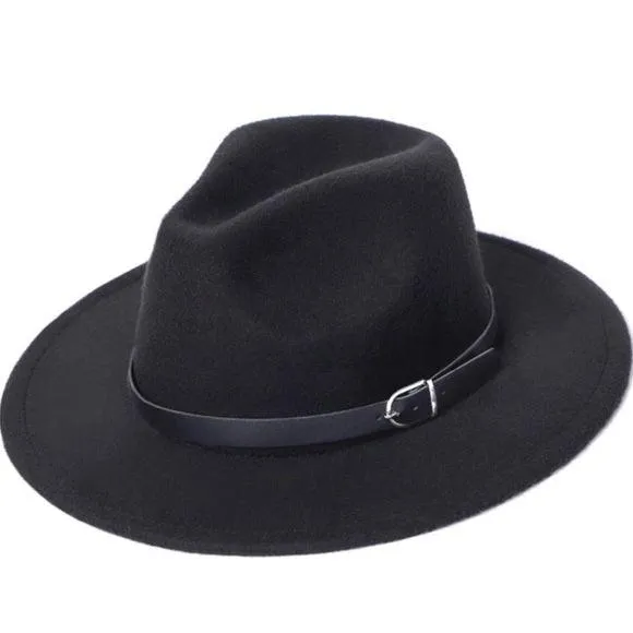 Sleek Black Wide Brim Leather Buckle Fedora Hat