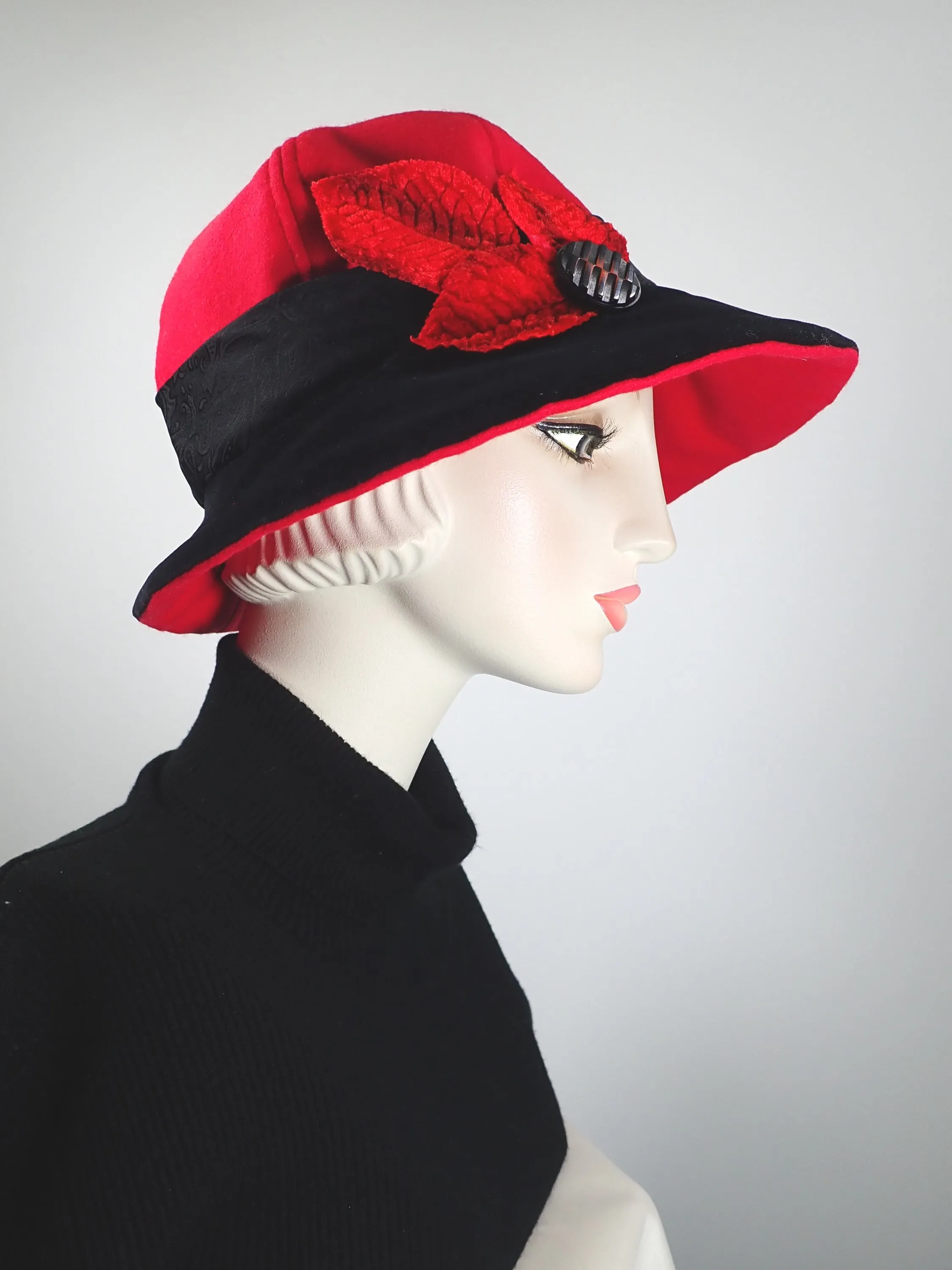 Slow Fashion Hat. Red Downton Abbey Medium brim hat. Ladies statement hat. Womens dessy red and black wool and velvet hat.