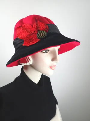 Slow Fashion Hat. Red Downton Abbey Medium brim hat. Ladies statement hat. Womens dessy red and black wool and velvet hat.